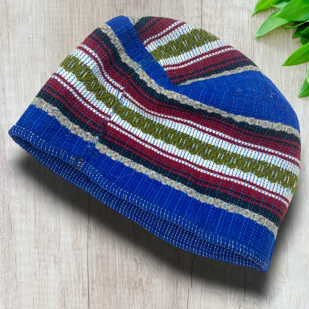 Vintage Guatemalan Woven Textile Pillbox Bucket Hat Artisan Handmade Blue Stripe - Picture 3 of 6